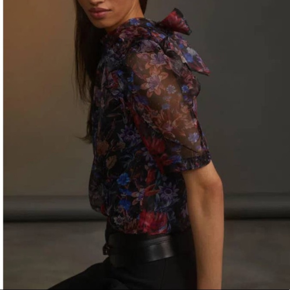 ANTHROPOLOGIE | MAEVE Floral Organza Puff Sleeve Blouse Women’s Size Medium - Picture 4 of 13